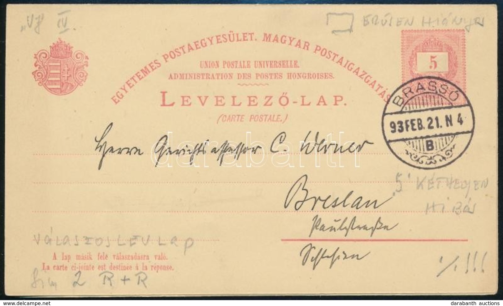 1893 5 + 5 Kr Válaszos Levelezőlap, Bélyegzett és Címzett, De Szöveg Nélküli ,,BRASSÓ' + Breslau - Sonstige & Ohne Zuordnung