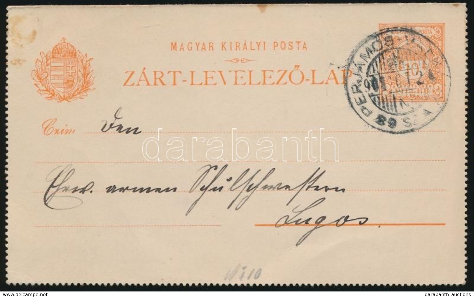 1901 10f Díjjegyes Zárt Levelezőlap PERJÁMOS-VALKÁNY 89 SZ. Vasúti Mozgóposta Bélyegzéssel - Andere & Zonder Classificatie