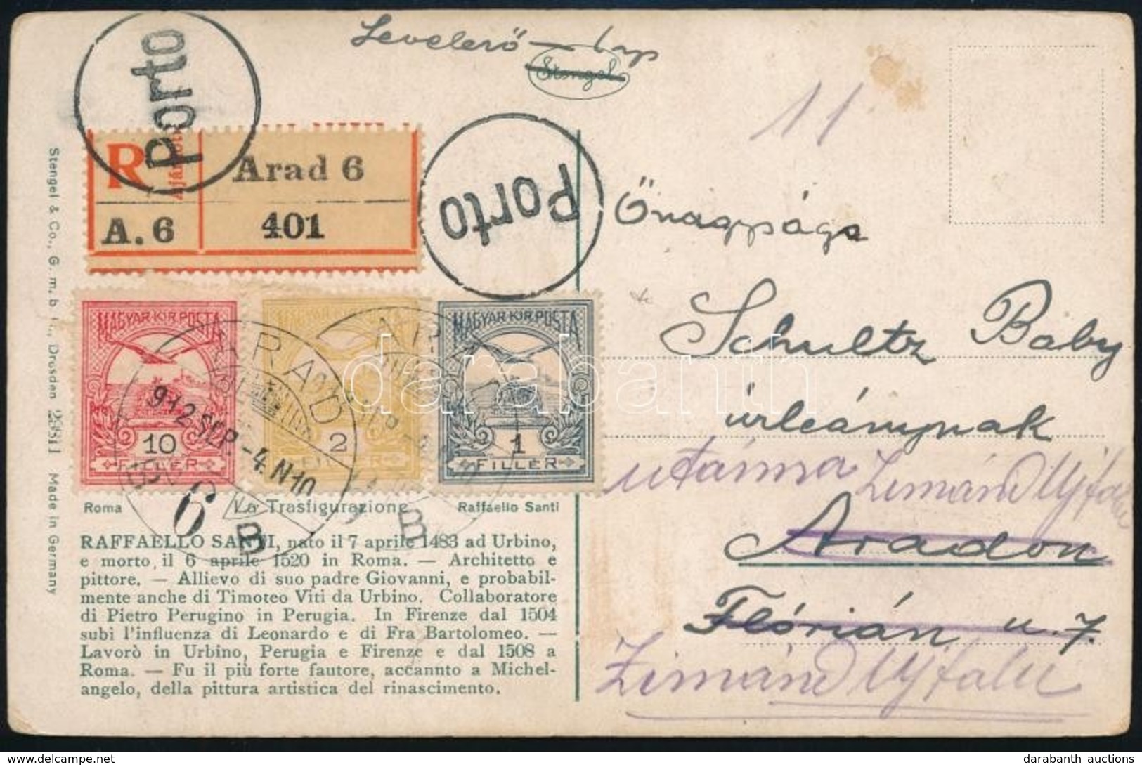 1912 Ajánlott Helyi Képeslap Háromszínű Bérmentesítéssel 'ARAD' Továbbküldve Zimándújfalura + 'Porto' - Sonstige & Ohne Zuordnung