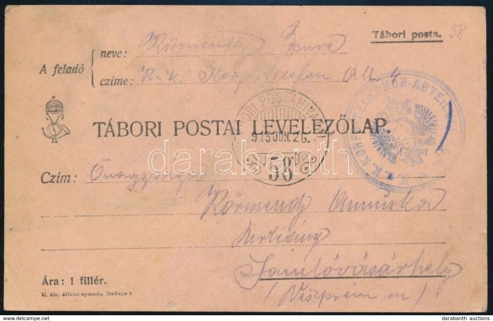 1915 Tábori Posta Levelezőlap 'K.u.K. KORPS-TELEPHON-ABTEILUNG Nr.4.' + 'TP 58' - Altri & Non Classificati