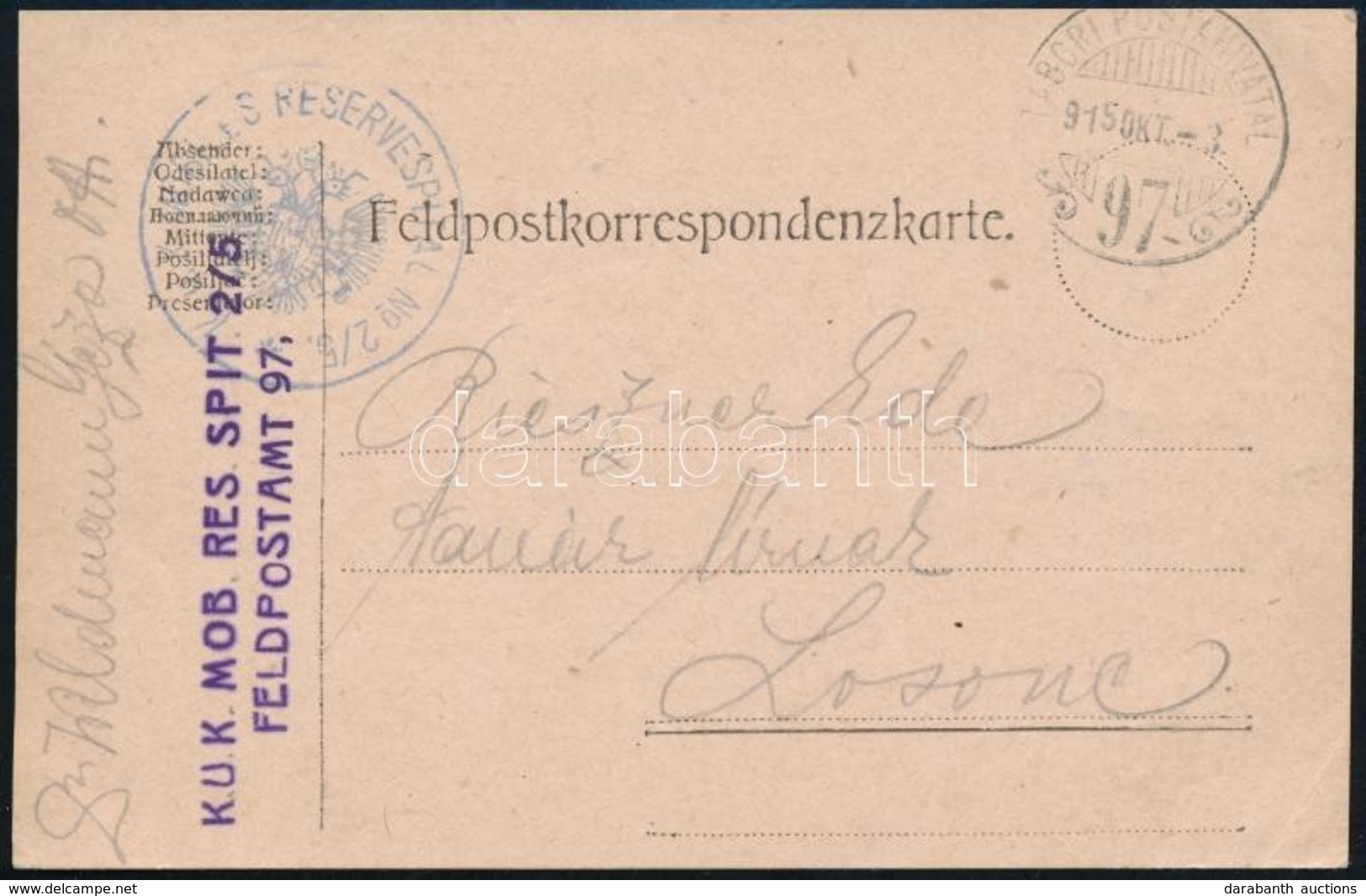 1915 Tábori Posta Levelezőlap 'K.u.k. MOBILES RESERVESPITAL No. 2/5' + 'TP 97' - Sonstige & Ohne Zuordnung