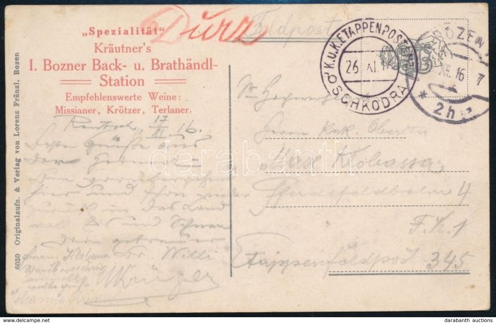 1916 Tábori Posta Képeslap 'EP SCHKODRA B' - Andere & Zonder Classificatie