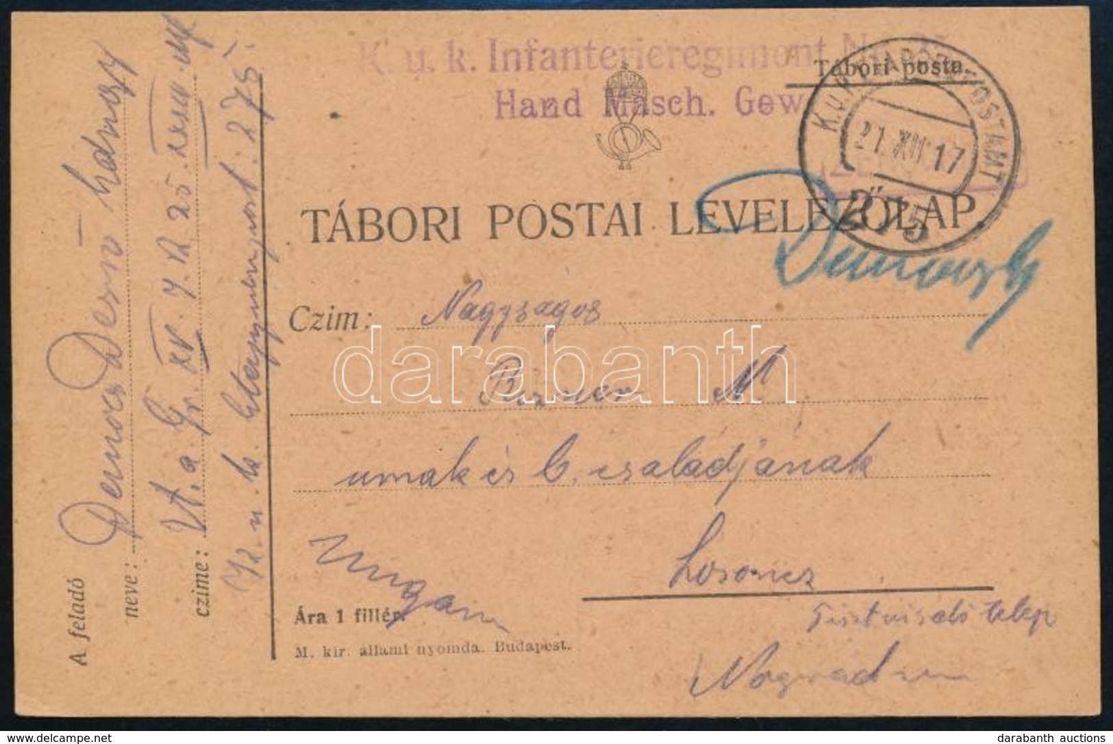 1917 Tábori Posta Levelezőlap 'K.u.K. Infanterieregiment Nr.2. Hand Masch. Gew.' + 'EP 275' - Autres & Non Classés