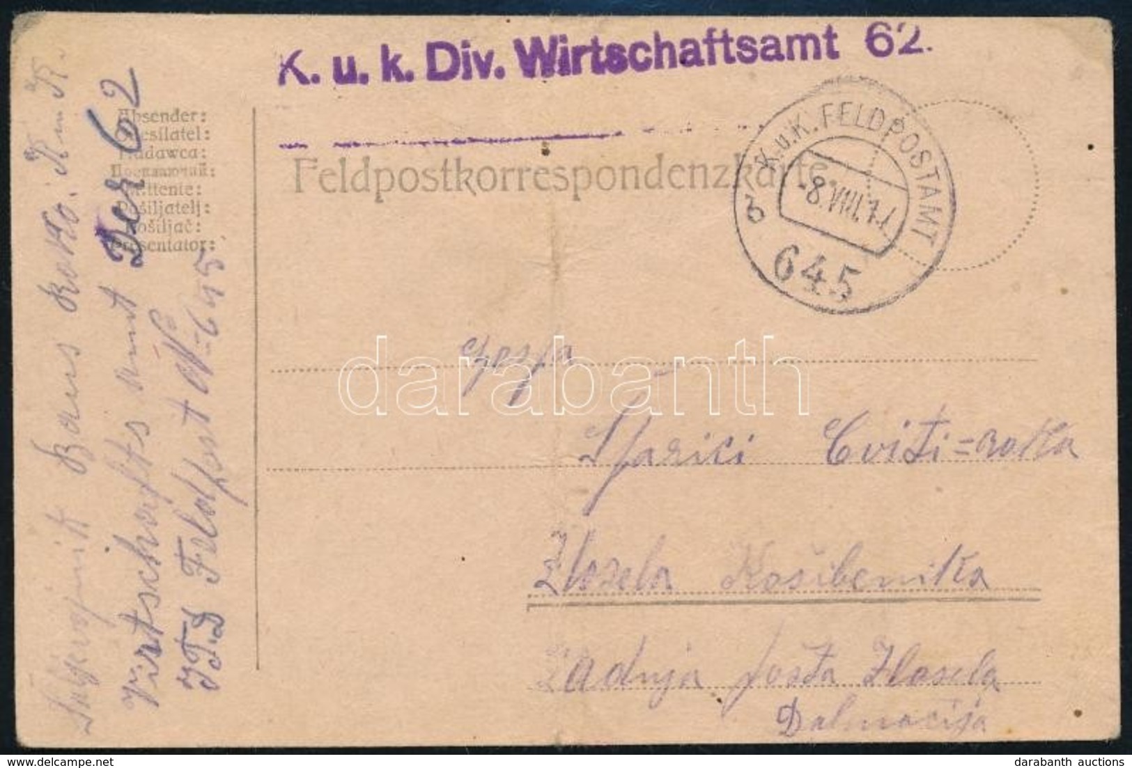 1917 Tábori Posta Levelezőlap 'K.u.k. Div. Wirtschaftsamt 62.' + 'FP 645 B' (hajtott / Folded) - Andere & Zonder Classificatie