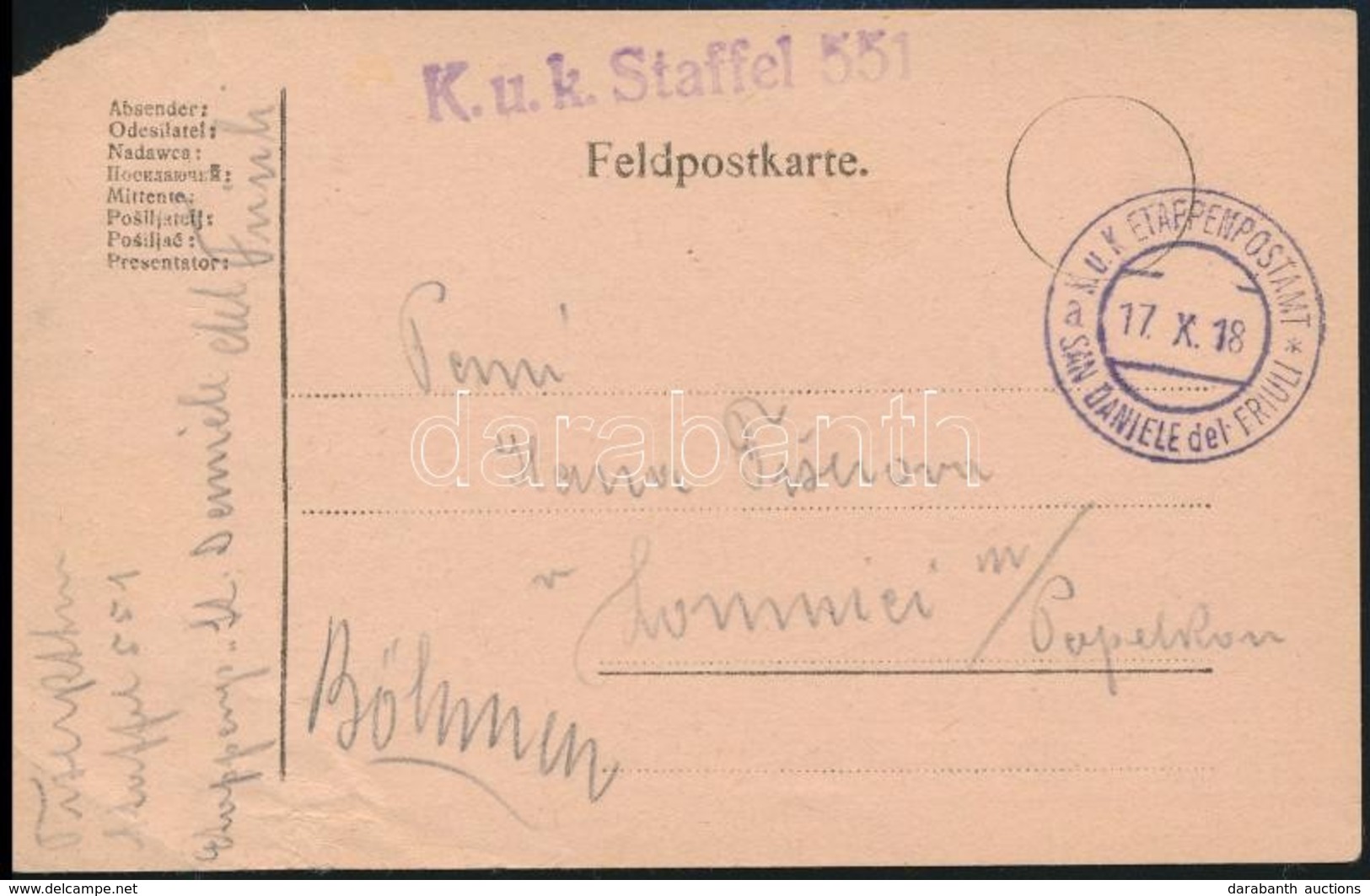 1918 Tábori Posta Levelezőlap 'K.u.k. Staffel 551' + 'EP SAN DANIELE Del FRIULI A' (sarokhiba / Missing Corner) - Sonstige & Ohne Zuordnung