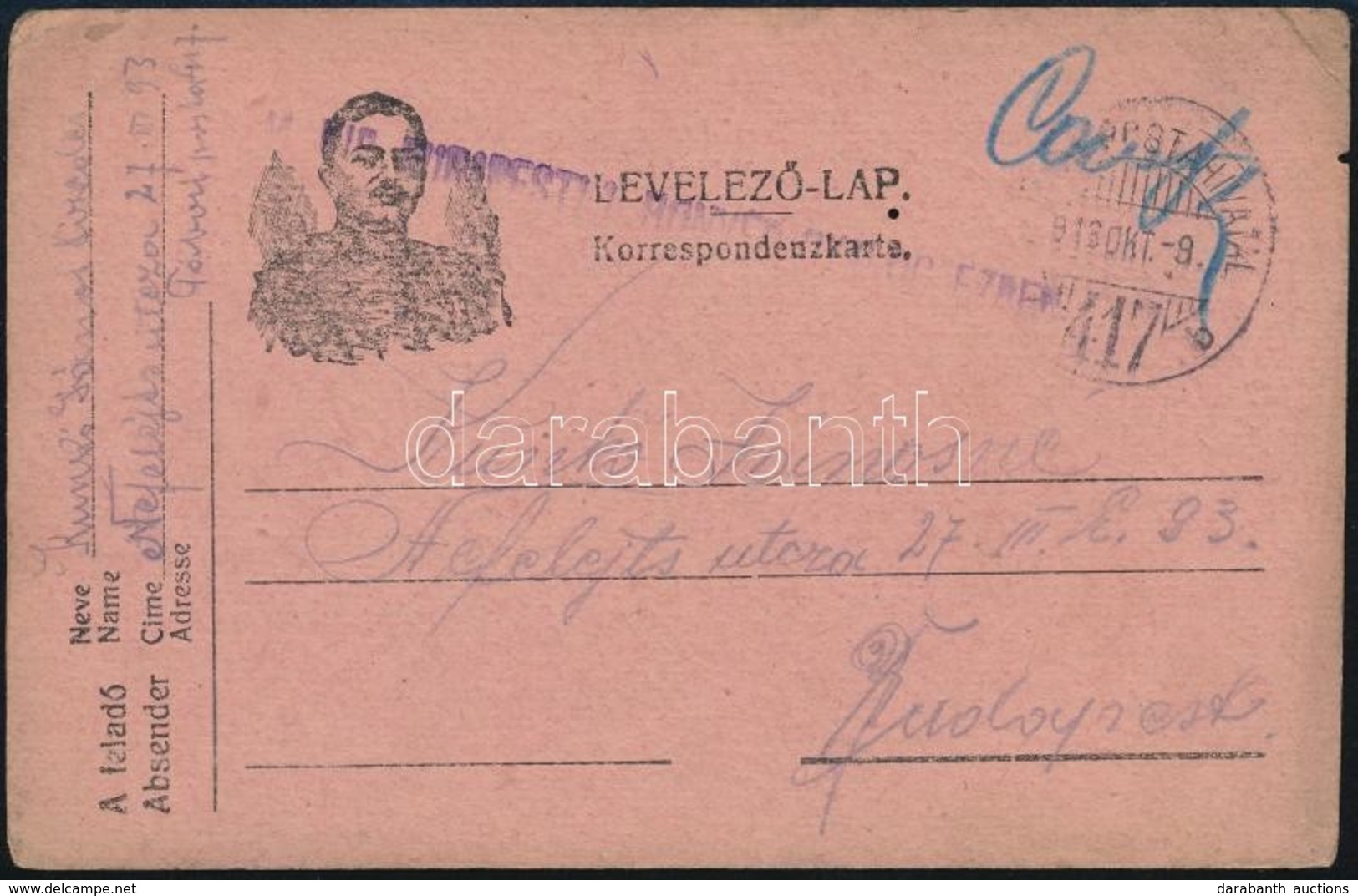 1918 Tábori Posta Levelezőlap 'M.kir. Budapesti 1. Honvéd Gyalogezred' + 'TP 417 B' - Sonstige & Ohne Zuordnung