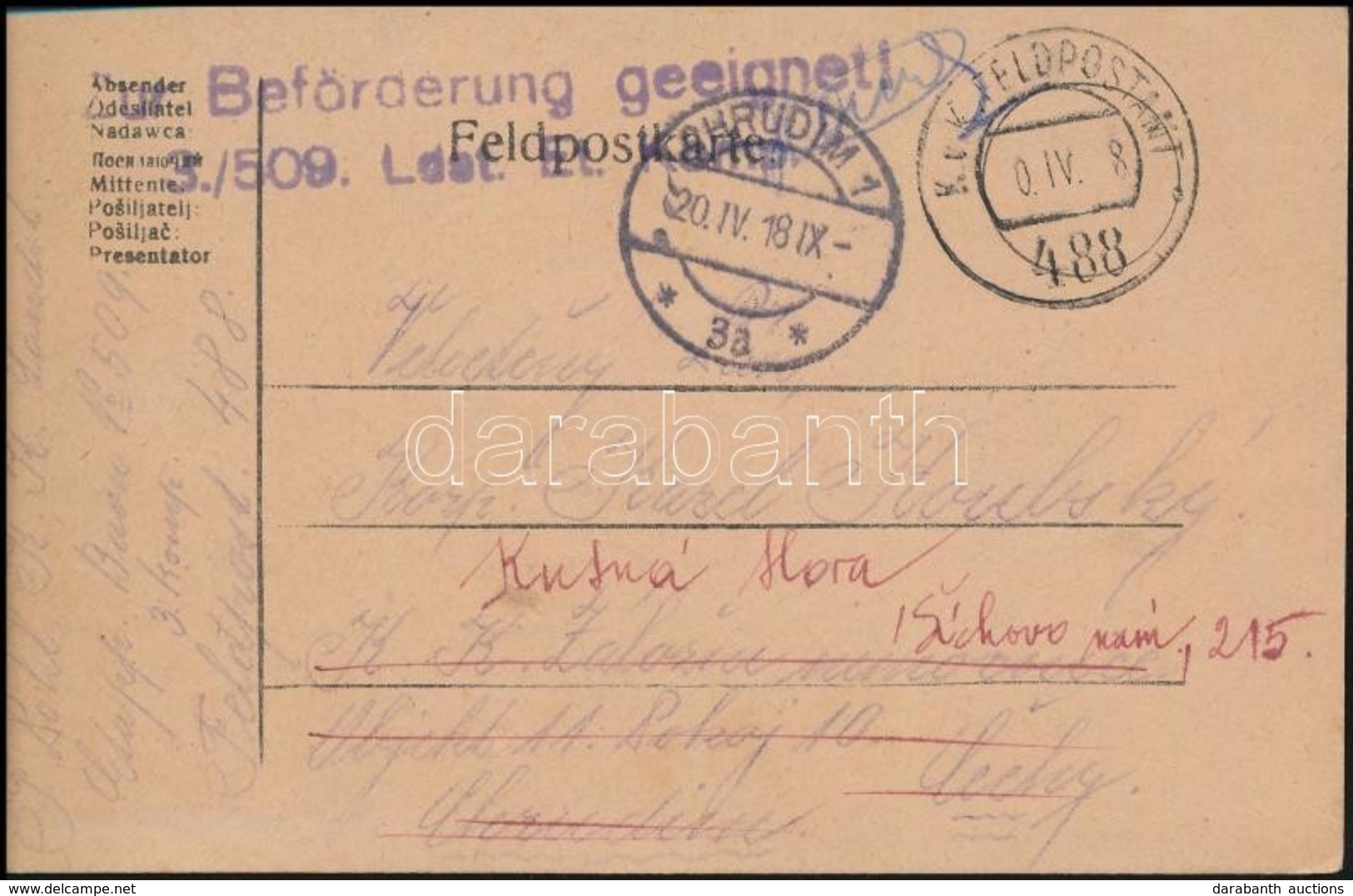 1918 Tábori Posta Levelezőlap / Field Postcard 'Beförderung Geeignet! 3./509. Ldst. Et...' + 'FP 488' - Sonstige & Ohne Zuordnung