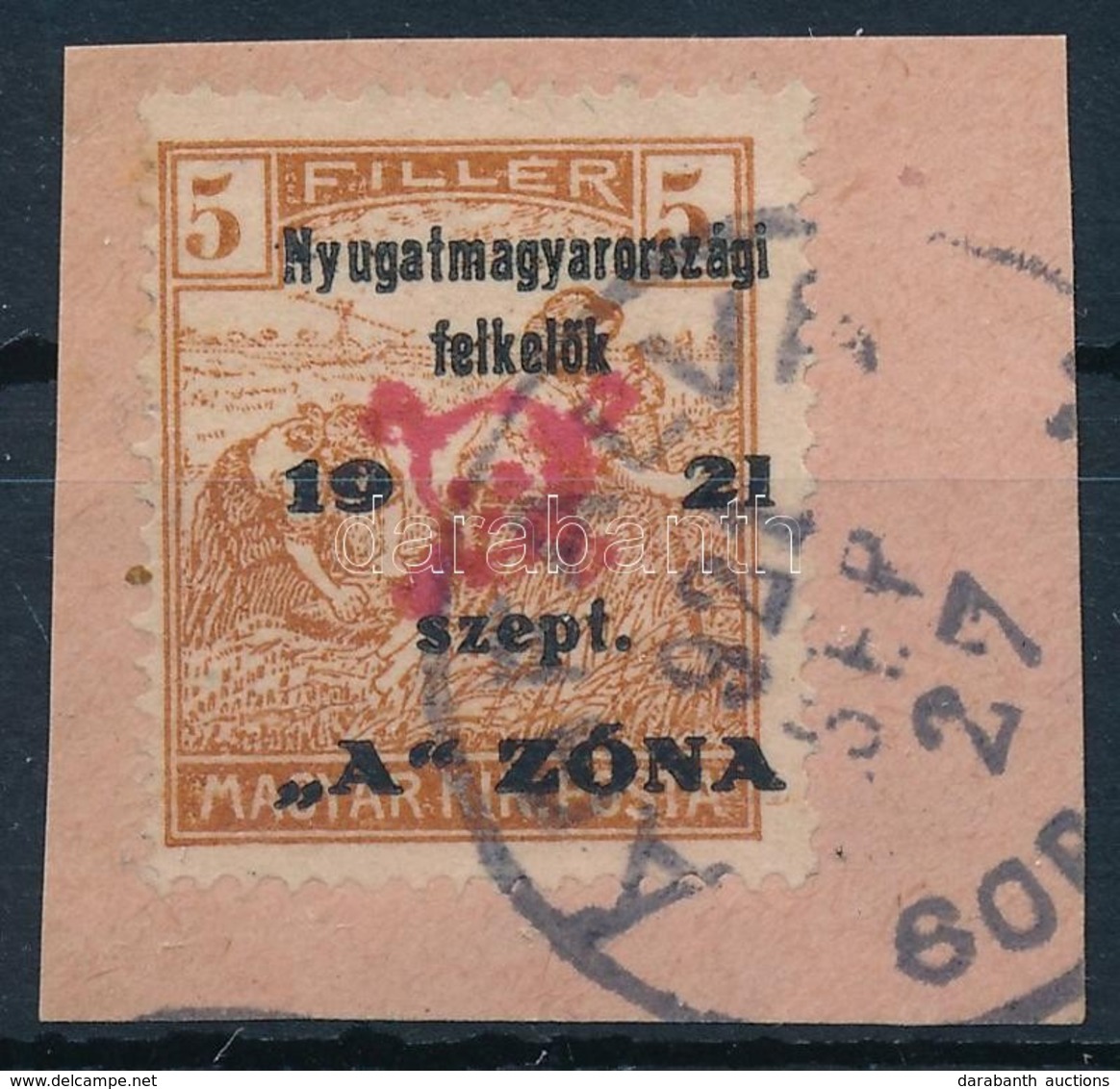 Nyugat-Magyarország II. 1921 Arató 5f Kivágáson, Bodor Vizsgálójellel (9.000) - Andere & Zonder Classificatie
