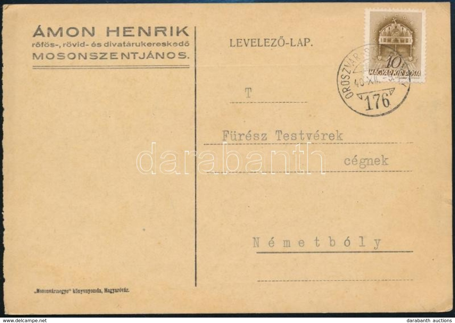 1940 Levelezőlap OROSZVÁR-SZOMBATHELY Vasúti Mozgóposta Bélyegzéssel / Postcard With Railway Postmark - Sonstige & Ohne Zuordnung