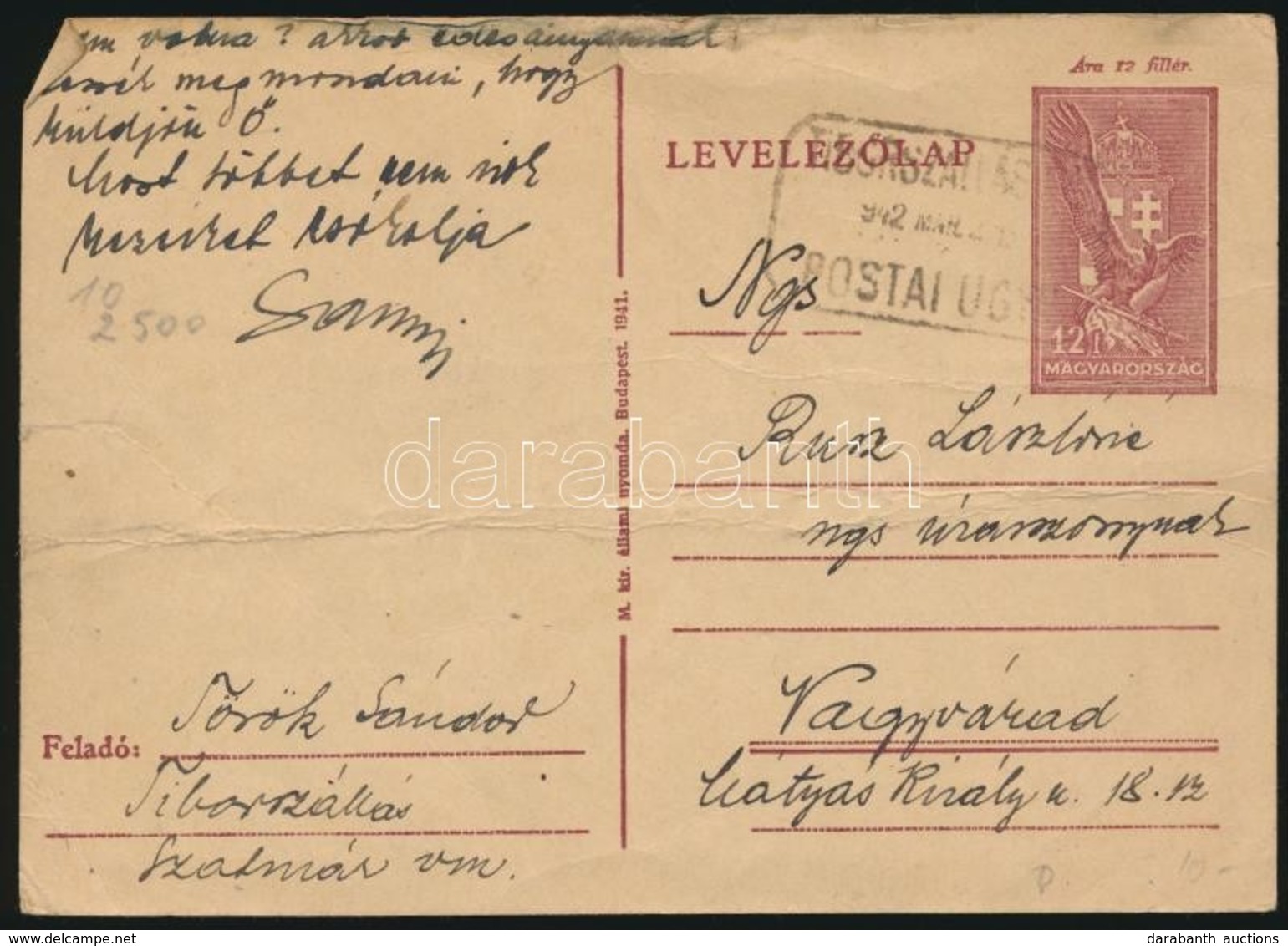 1942 Díjjegyes Levelezőlap TIBORSZÁLLÁS Postaügynökségi Bélyegzéssel - Sonstige & Ohne Zuordnung