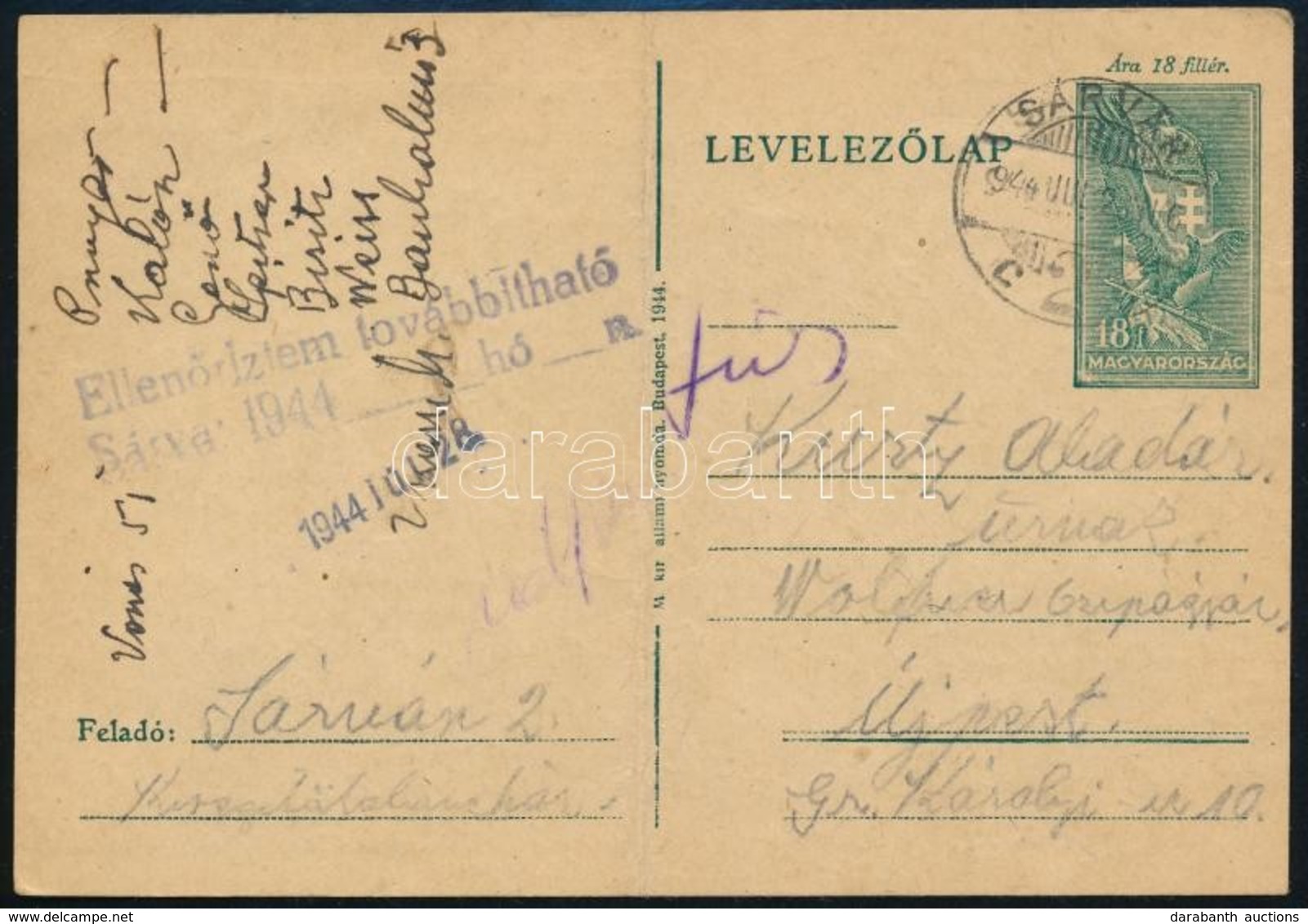 1944 Díjjegyes Levelezőlap A Sárvári Gettóból Újpestre, Cenzúrázva / Censored PS-card From The Sárvár Ghetto To Ujpest - Sonstige & Ohne Zuordnung