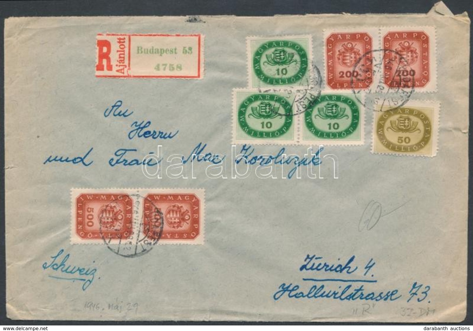 1946 (17. Díjszabás) Ajánlott Levél Svájcba Milliós és Milpengős Vegyes Bérmentesítéssel / Registered Cover With Mixed F - Andere & Zonder Classificatie