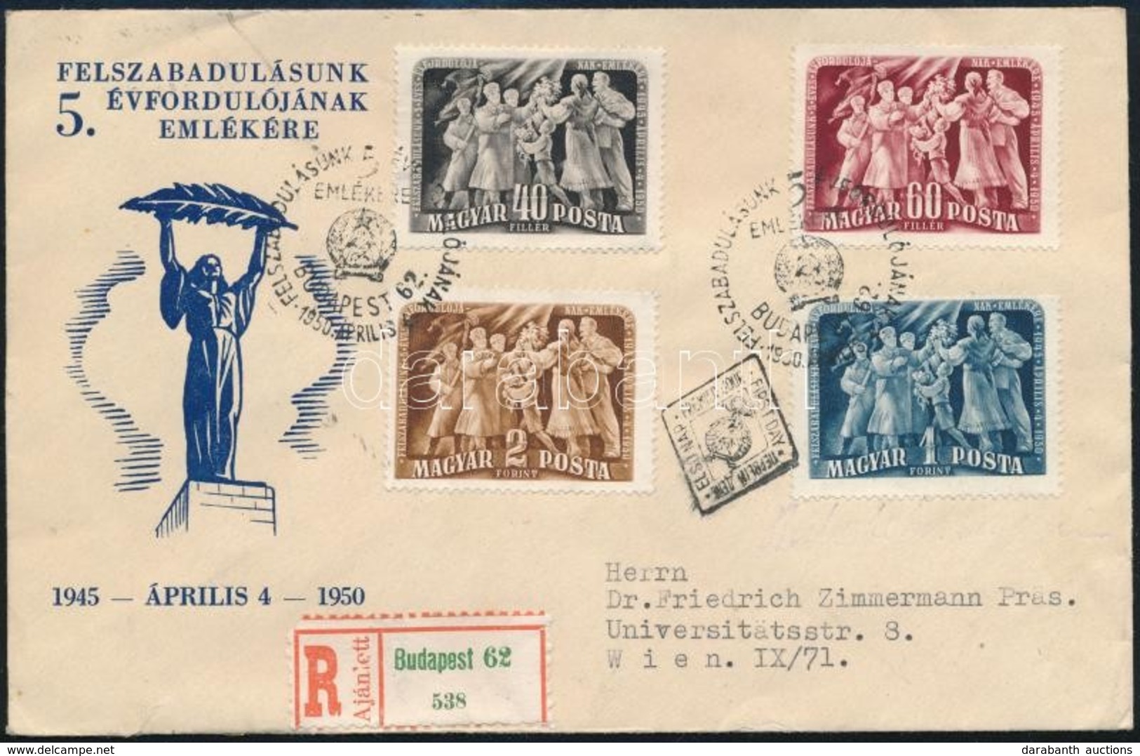 1950 Felszabadulás II. Sor Ajánlott FDC-n Ausztriába - Otros & Sin Clasificación