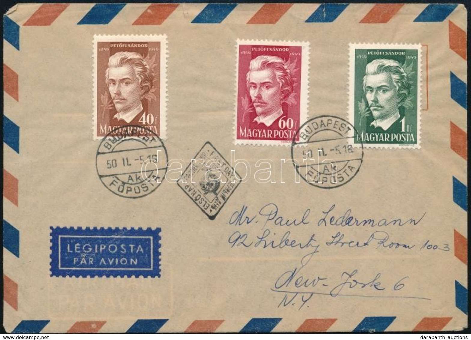 1950 Petőfi Sándor (III.) Sor Légi FDC-n Amerikába - Sonstige & Ohne Zuordnung