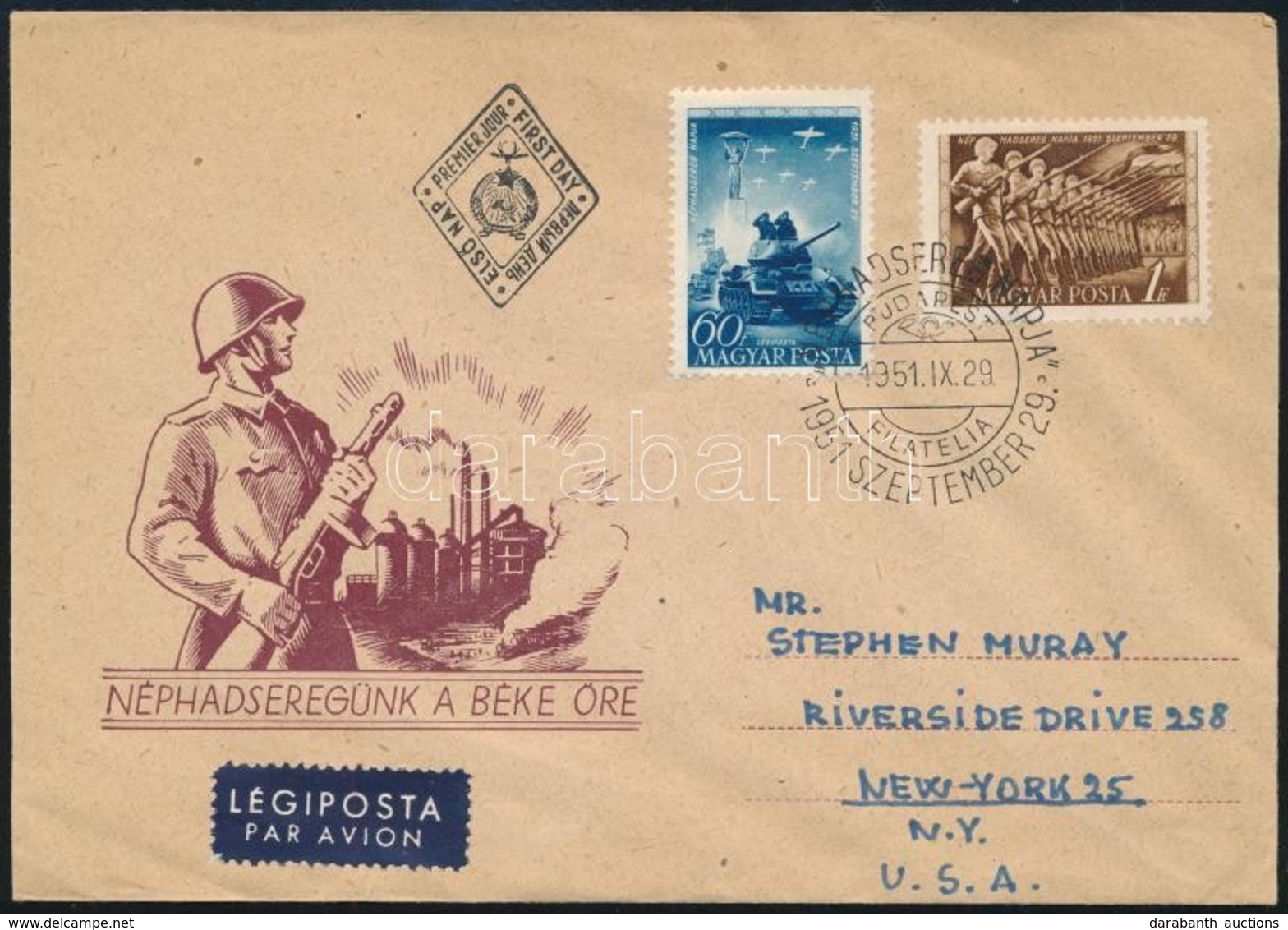 1951 A Néphadsereg Napja (I.) Sor Légi FDC-n Amerikába - Andere & Zonder Classificatie