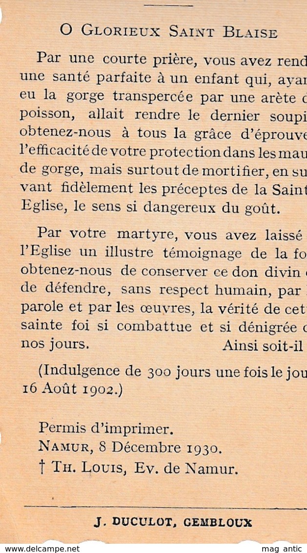 Image Religieuse Holy Card SAN BLAS, OBISPO Y MARTIR  -  Prière à SAINT BLAISE  Evêque Et Martyr 1930 J. Duculot No 46 - Santini