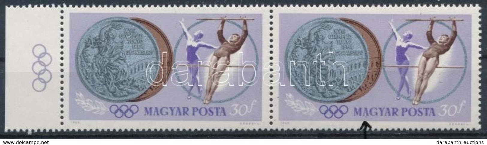 ** 1964 Olimpiai érmesek 30f ívszéli Pár, Lila Folt Az 'A' Betű Alatt - Sonstige & Ohne Zuordnung