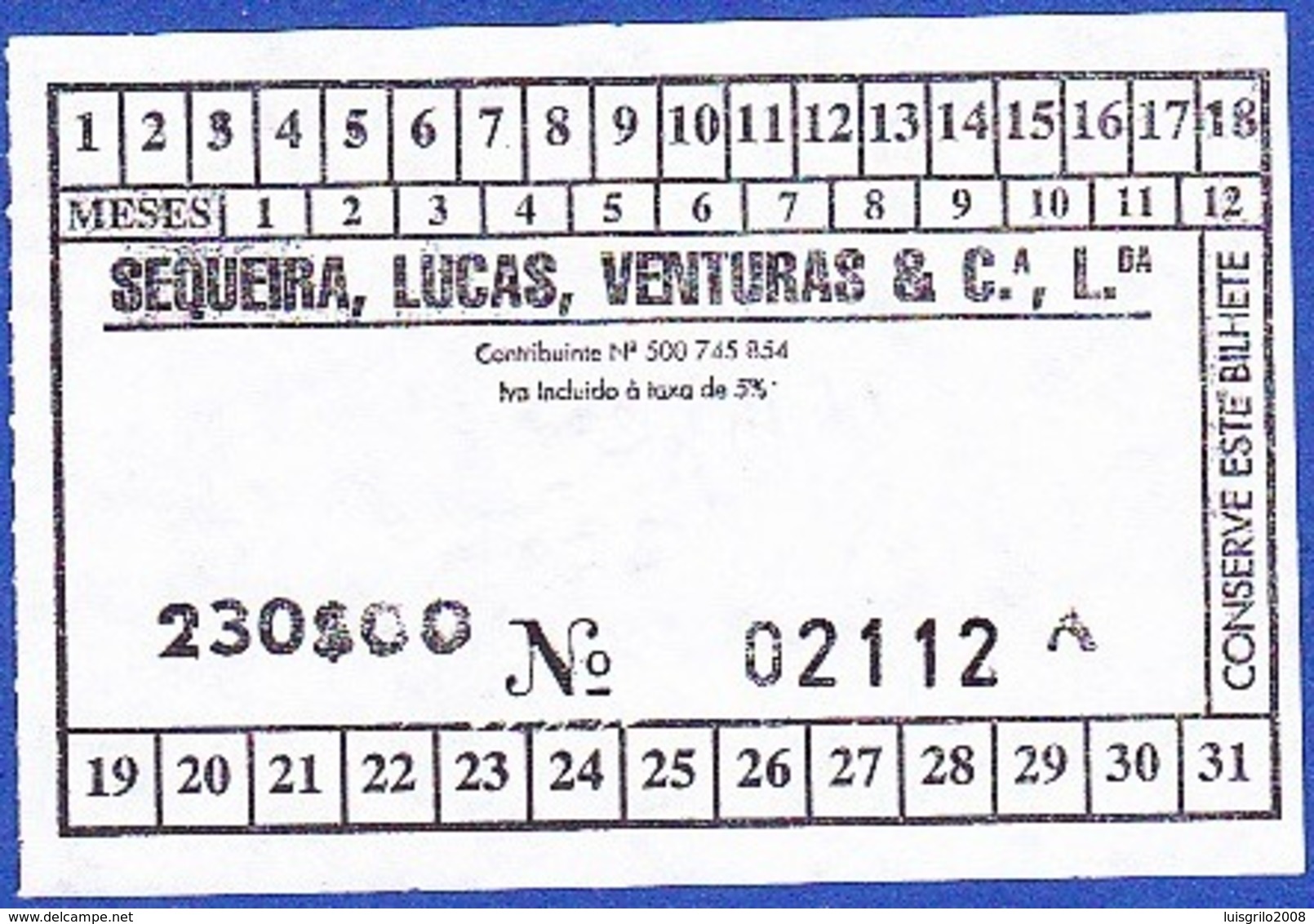 Bus Ticket, Portugal 2000 - Transportes Sequeira, Lucas, Venturas & Cª. / Porto - Europa