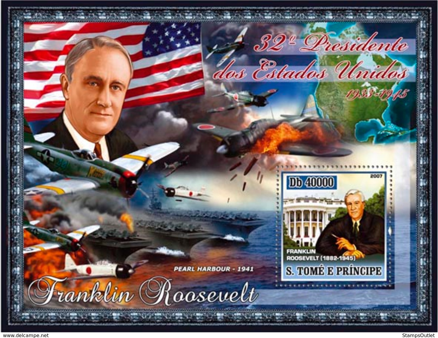 S. TOME & PRINCIPE 2007 - 32th American President- F. Roosevel, Pearl Harbour, Military Air S/s - YT 379,  Mi 2957/BL582 - Sao Tome En Principe