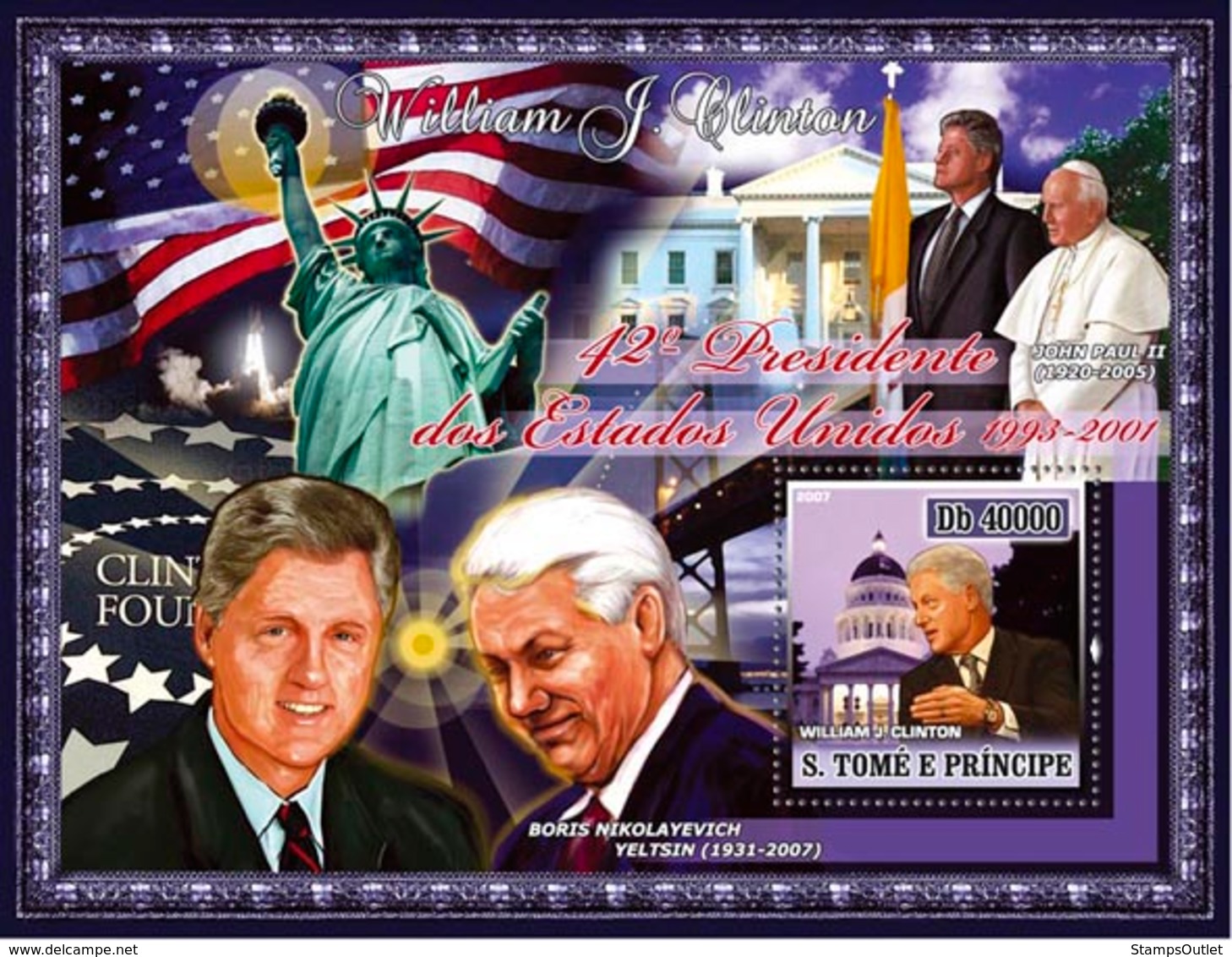 S. TOME & PRINCIPE 2007 - 42nd American President- W.J. Clinton, Pope John Paul II, Yeltsin S/s - YT 385,  Mi 2963/BL588 - Sao Tome And Principe