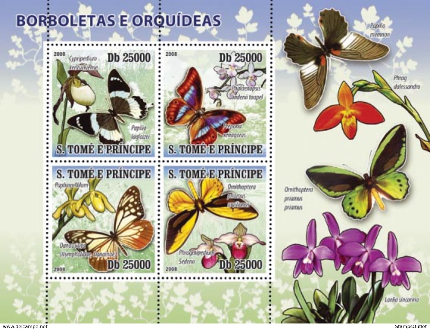 S. TOME & PRINCIPE 2008 - Butterflies & Orchids 4v - YT  3634-3637, Mi 2756-2758 - São Tomé Und Príncipe