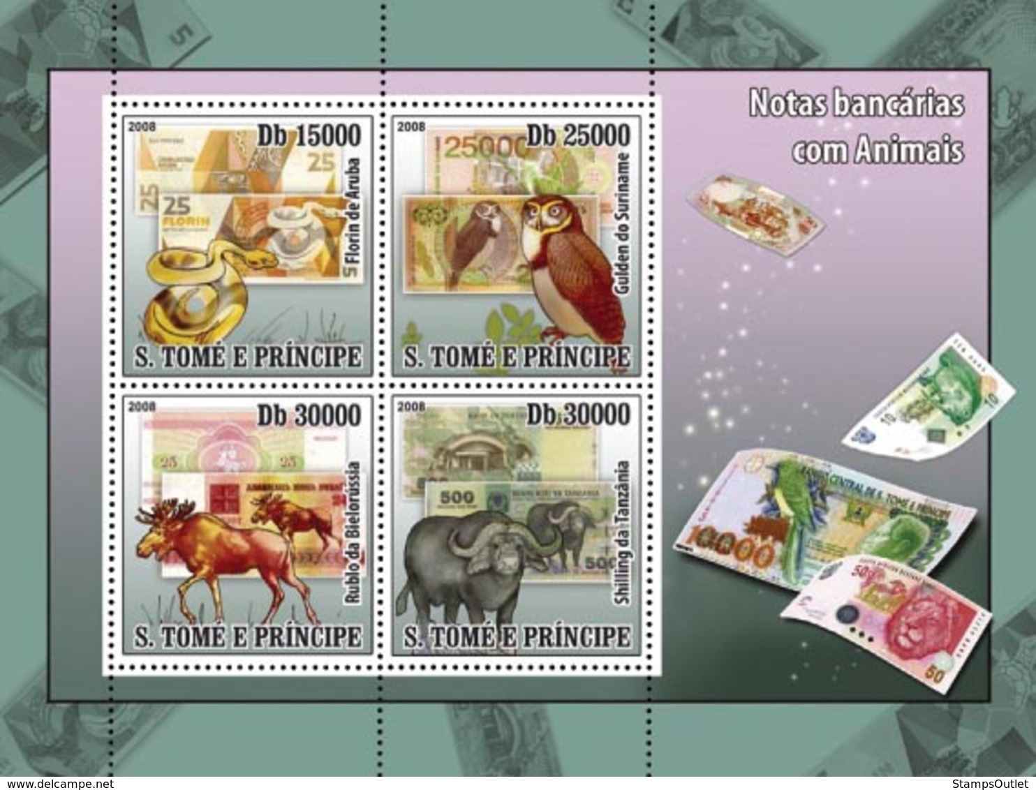 S. TOME & PRINCIPE 2008 - Animals On Banknotes (Snake, Owl, Elk, Buffalo) 4v - YT 3575-3578 Mi 2764-2767 - Sao Tome Et Principe