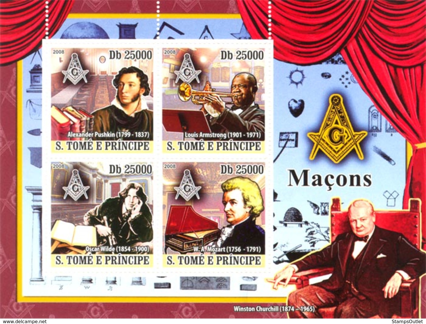 S. TOME & PRINCIPE 2008 -  Famous Persons Of Masonic Lodge, A. Pushkin, L. Amstrong 4v - YT 3685-3688, Mi 2824-2827 - São Tomé Und Príncipe