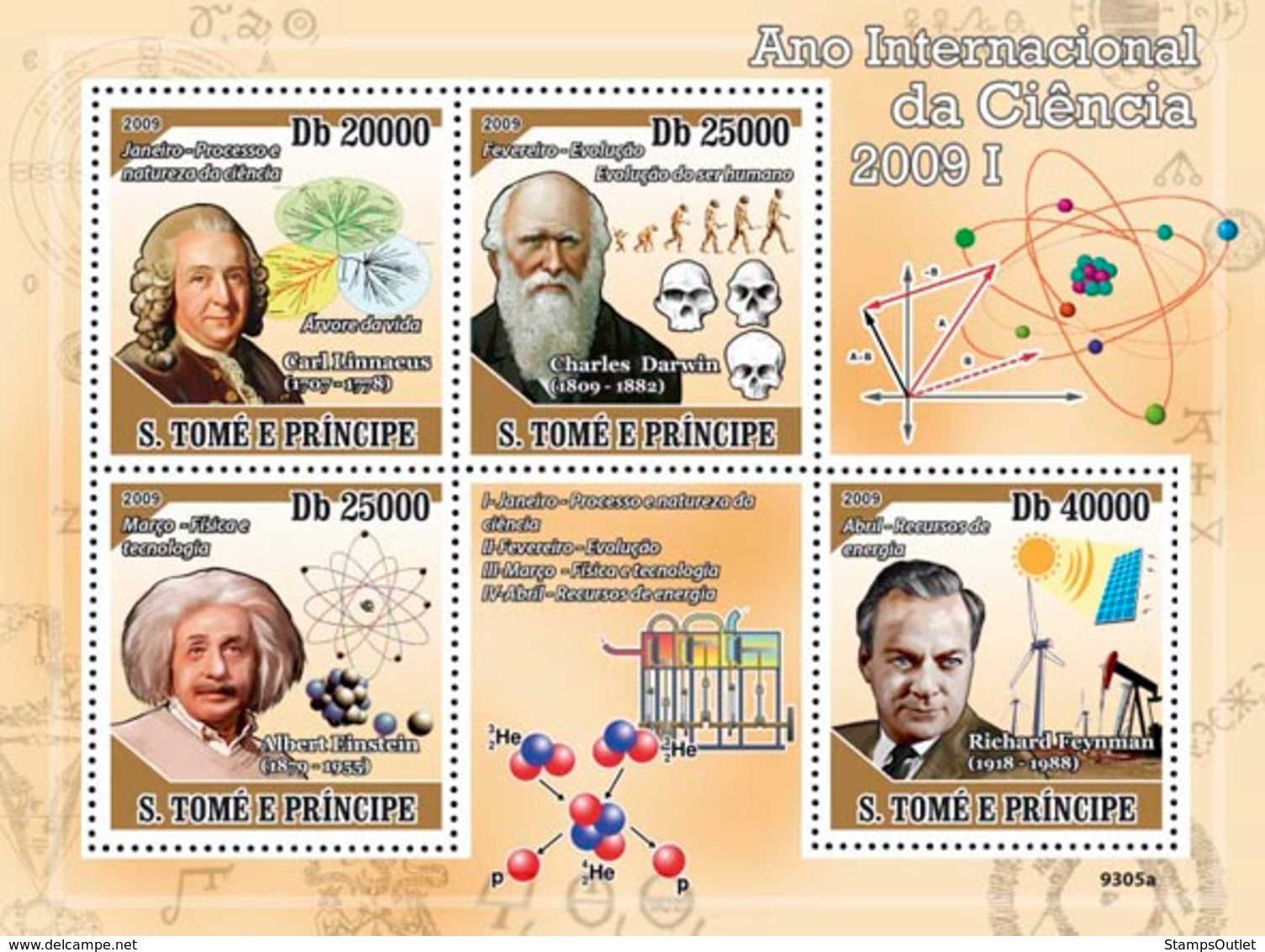 S. TOME & PRINCIPE 2009 - 2009 Year Of Science I (C.Linnaeus, C.Darwin, A.Einstein) 4v - YT 3050-3053, Mi 4035-4038 - Sao Tome En Principe