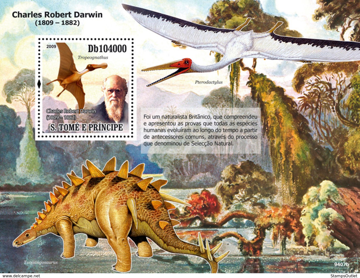 S. TOME & PRINCIPE 2009 - Dinozaurs, Charles Robert Darwin (1809-1882) S/s - YT 496, Mi 4134/BL.706 - Sao Tome En Principe