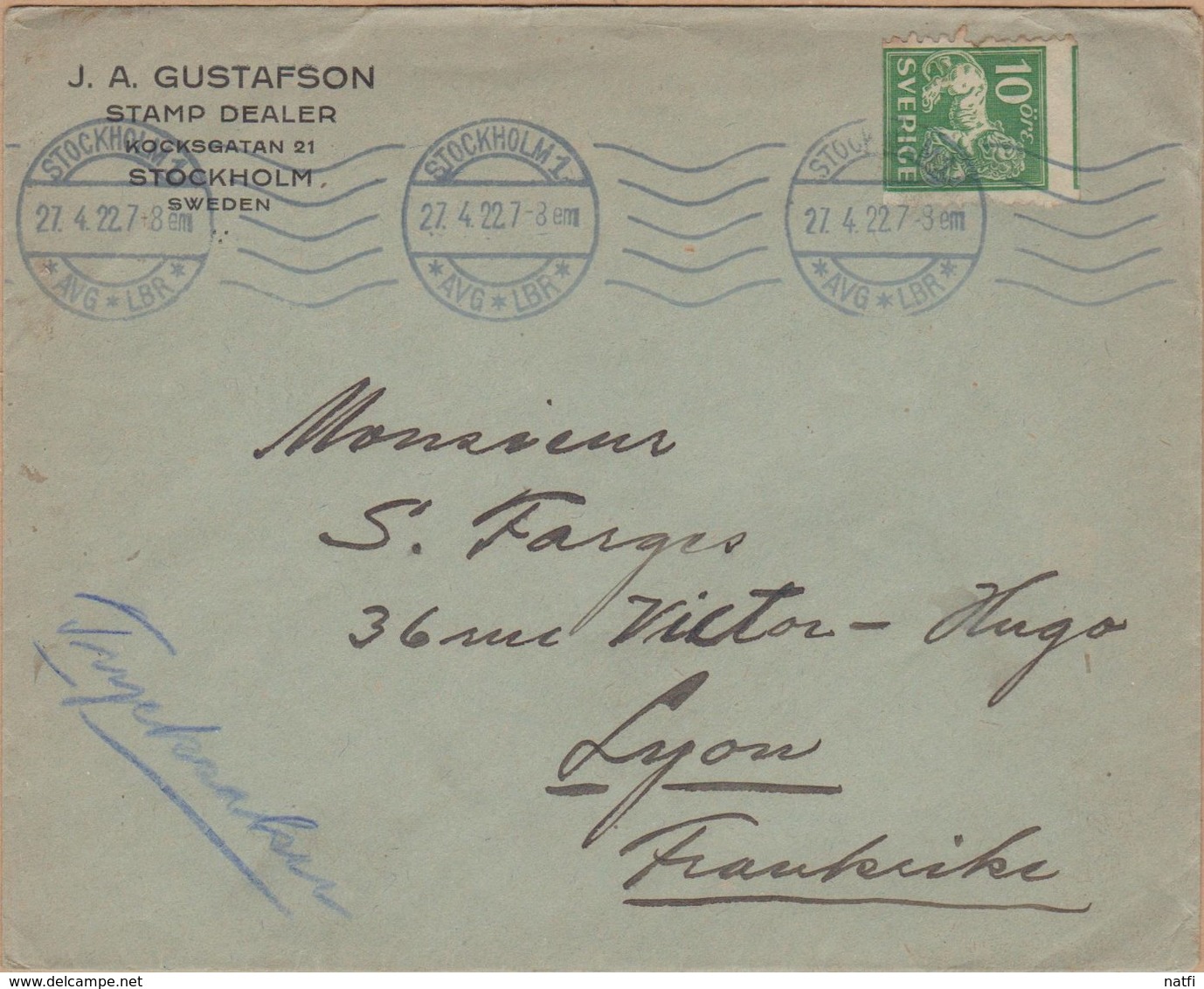 ENVELOPPE TIMBRE 1922 STOCKHOLM 1 (AVG-LBR) VOIR PHOTO - 1920-1936 Coil Stamps I