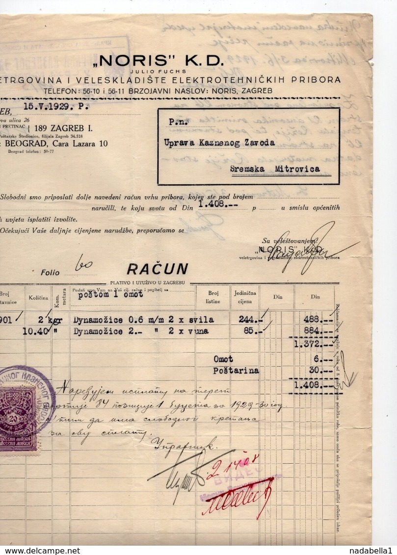 1929 YUGOSLAVIA, CROATIA, ZAGREB, NORIS, ELECTRICAL WHOLESALER, INVOICE ON LETTERHEAD, 1 FISKAL STAMP - Other & Unclassified