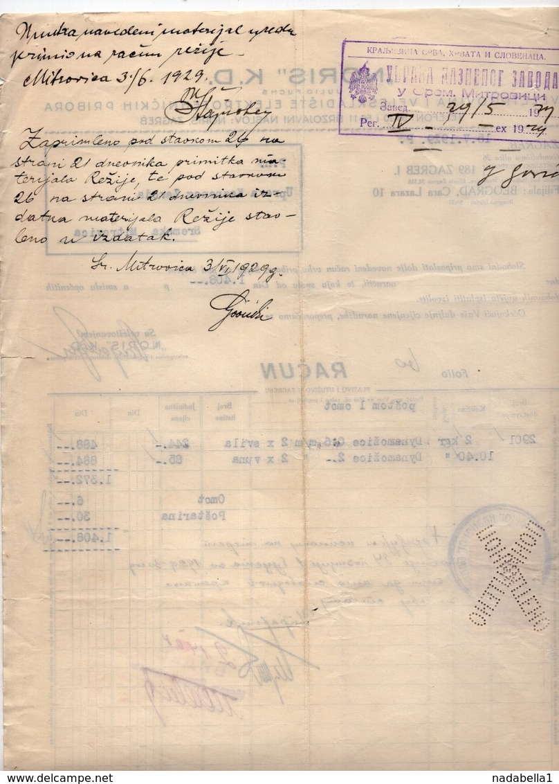 1929 YUGOSLAVIA, CROATIA, ZAGREB, NORIS, ELECTRICAL WHOLESALER, INVOICE ON LETTERHEAD, 1 FISKAL STAMP - Altri & Non Classificati