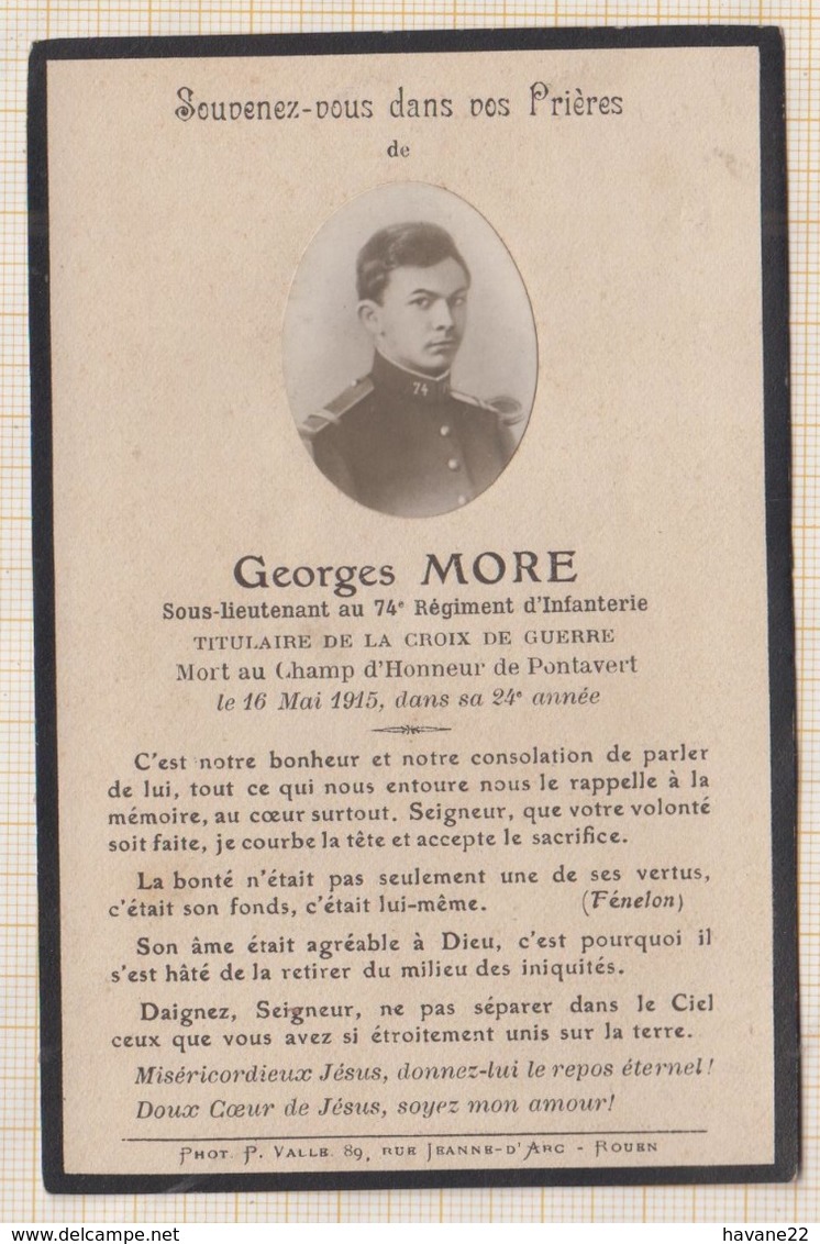 9AL1849 IMAGE RELIGIEUSE MORTUAIRE GEORGES MORE 1915 PONTAVERT SOUS LIEUTENANT 74 E R I  2 SCANS - Devotion Images