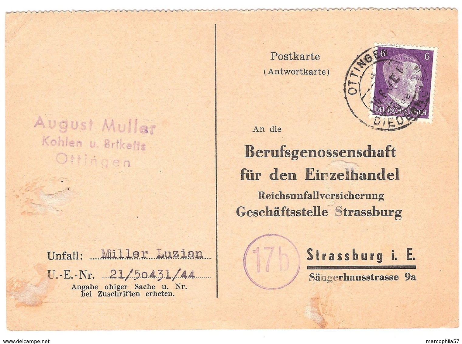 AL57-054 - Carte De Ottange Pour Strasbourg - WW2 Annexion - Lettres & Documents