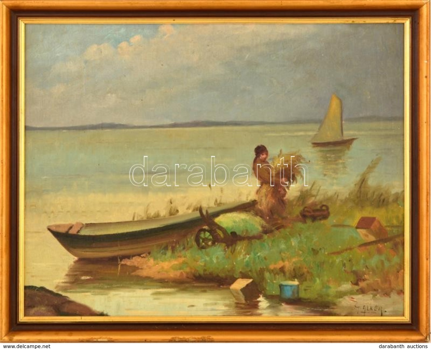 Alkér Jelzéssel: Balaton Parti Rakodás. Olaj, Vászon, Keretben, 38×48 Cm - Sonstige & Ohne Zuordnung