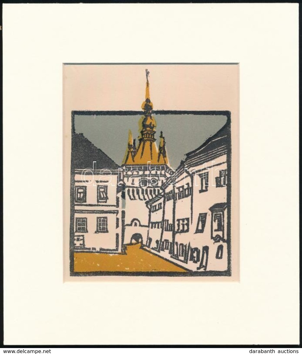 Kós Károly (1883-1977): Város, Színes Linómetszet, Papír, Jelzés Nélkül, Paszpartuban, 15×12 Cm - Altri & Non Classificati