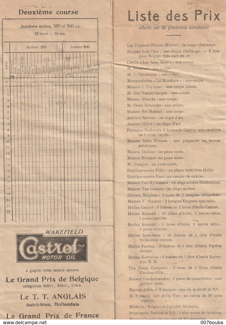 Bruxelles - Parc De Laeken - Grand Prix Motos Et Side-cars 1/9/1929 - Pub Motos Gillet, Castrol - Programmes