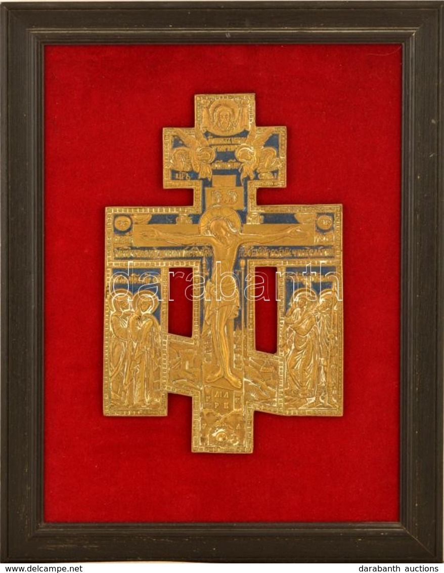 Cca 1900 Orthodox Feszület, Zománcozott Réz, Fa Keretben, 22×14,5 Cm - Andere & Zonder Classificatie