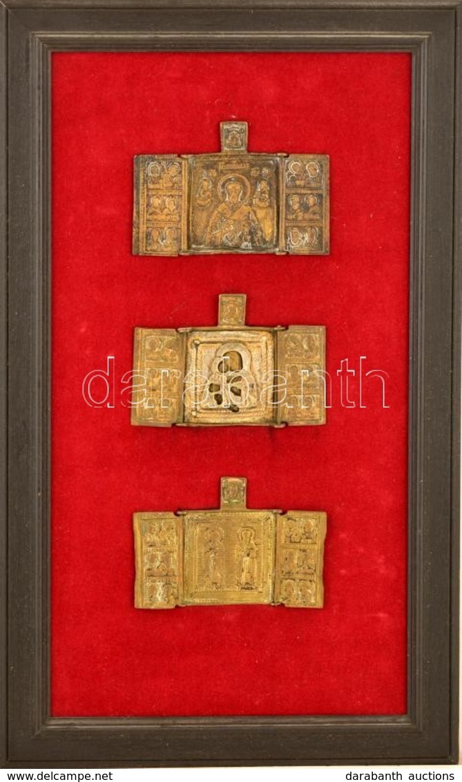 Cca 1900 3 Db Orthodox Utazó Triptychon, Réz, Fa Keretben, 7×9,5 Cm - Andere & Zonder Classificatie