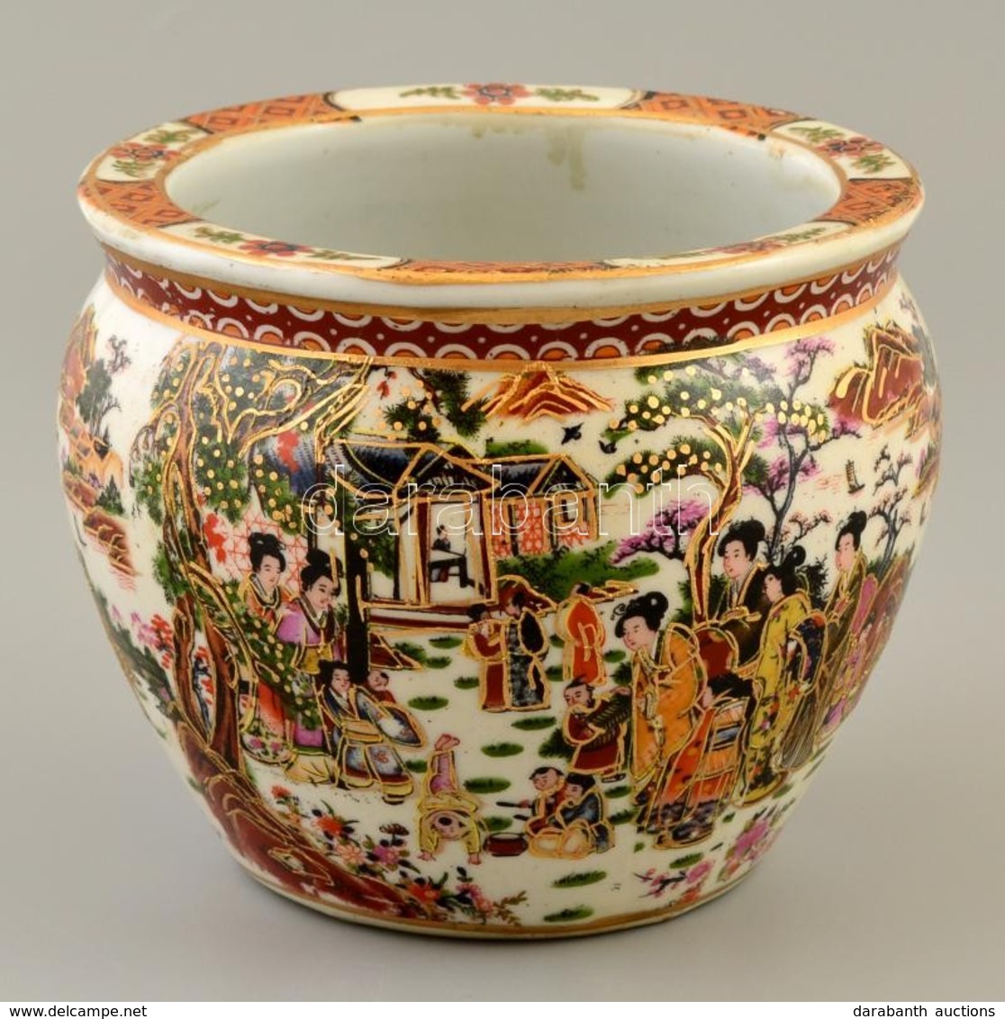 Terebess Porcelán Kaspó, Részben Kézzel Festett, Kopás Nyomokkal, Jelzett,  M: 14 Cm, D: 16 Cm - Autres & Non Classés