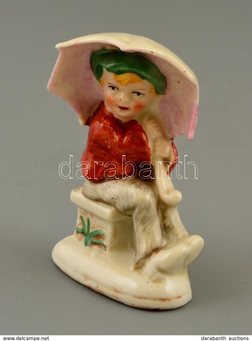 Esernyős Kislány, Német Porcelán Figura, Kézzel Festett, Jelzett, Apró Kopásokkal, M: 9 Cm - Sonstige & Ohne Zuordnung