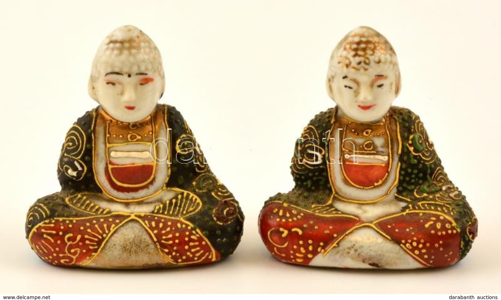 Jelzett Japán Buddha Figura Párban ( 2 Db), Kézzel Festett, Kopott, M:6 Cm (2×) - Altri & Non Classificati