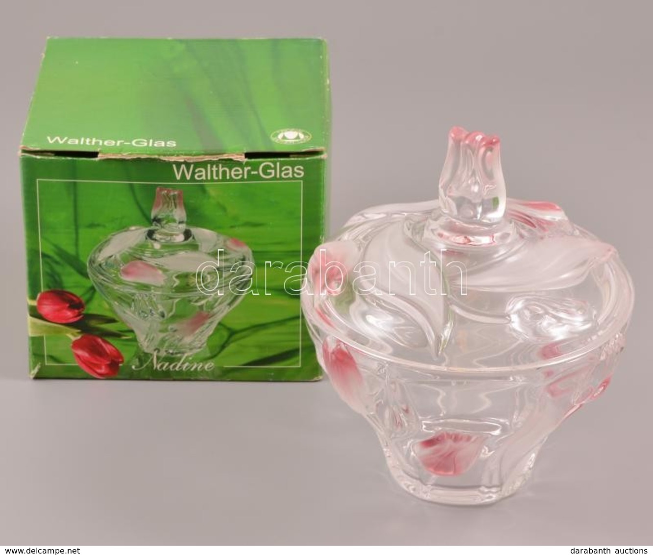 Walther-Glas Nadine üveg Tulipános Bonbonier, Hibátlan, Eredeti Dobozában, D: 15 Cm - Vetro & Cristallo