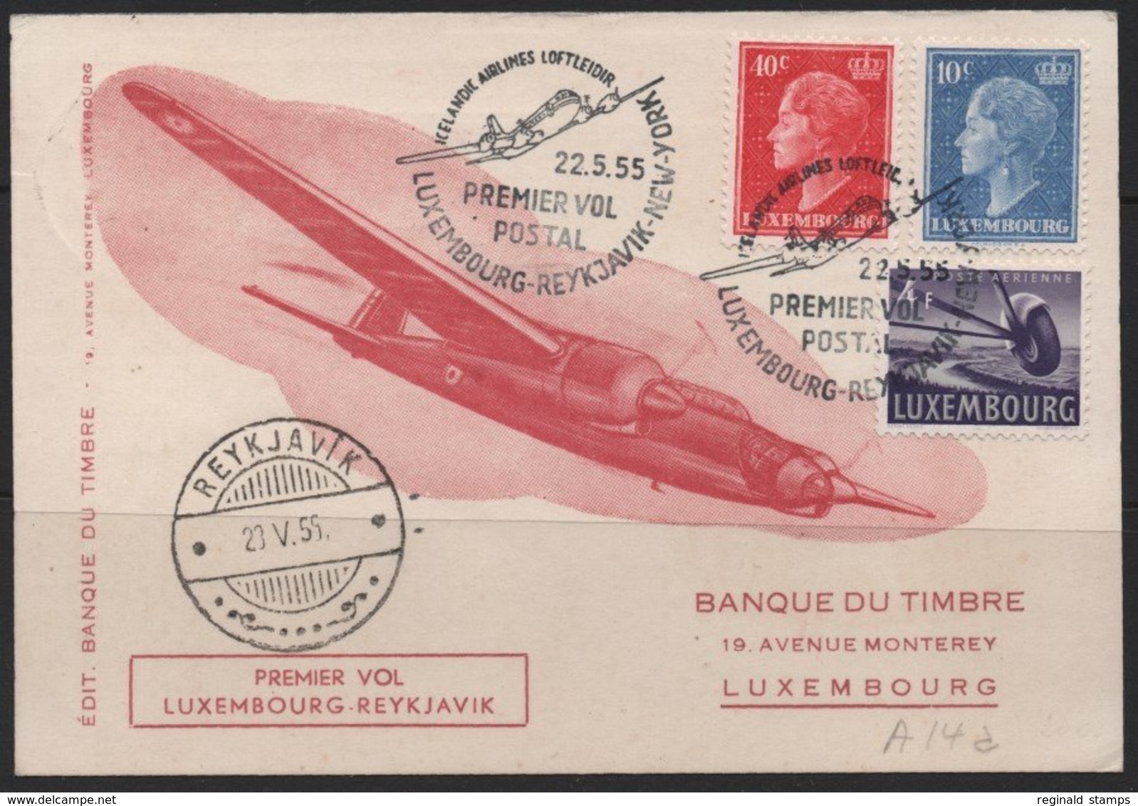 Luxembourg 1955 First Flight Cover - Luxembourg-Reykjavik-New York, 22/05/1955  (Ref: 1915) - Covers & Documents