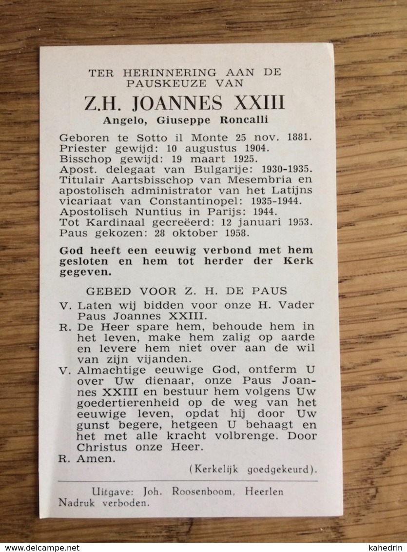 Z.H. Paus Johannes XXIII, Angelo Giuseppe Roncalli, Ter Herinnering Aan De Pauskeuze - Devotieprenten