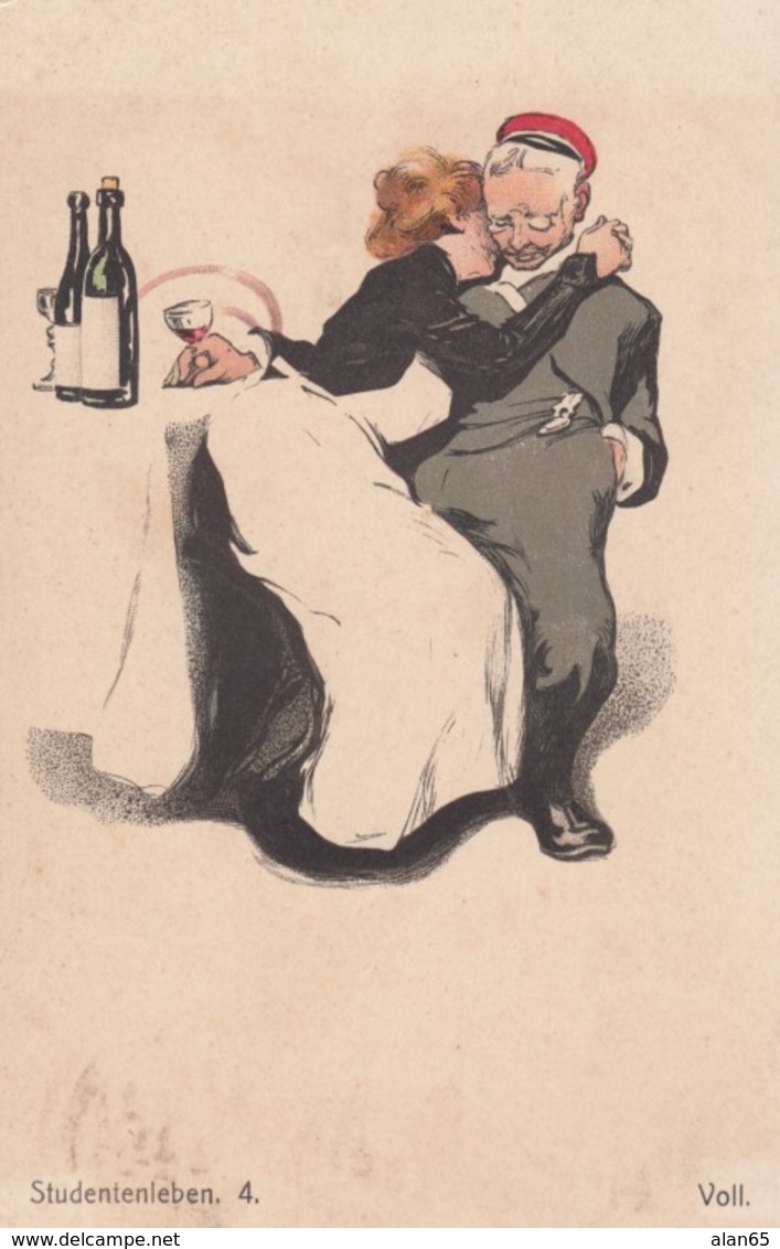 Unsigned Artist Image 'Student Love' Maid Hugs Old Man, Wine, C1900s Vintage German Postcard - 1900-1949