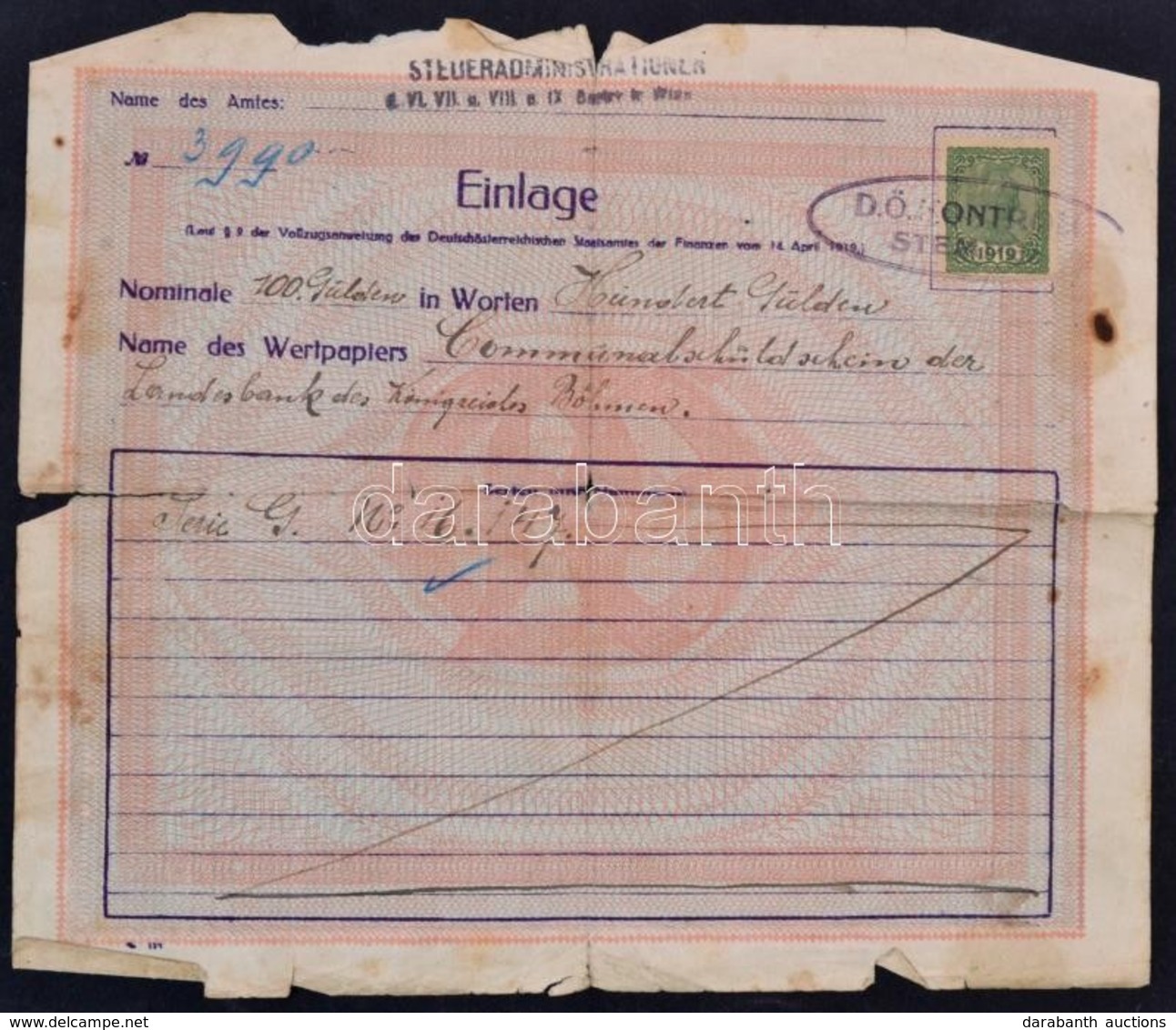 1919 Deutschösterreich értékpapír átvételi Elismervény Okmánybélyeggel és Pecséttel - Zonder Classificatie