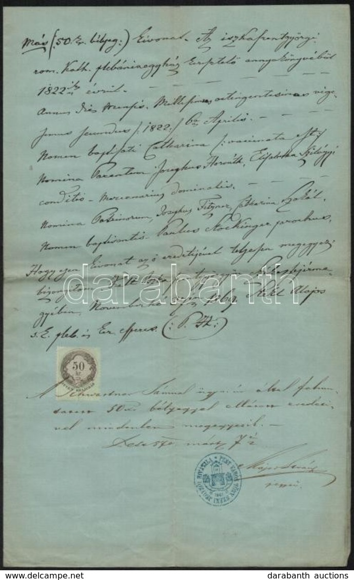 1869 Pest Város Törvényszéki Jegyzője által Aláírt Okmány, 50 Kr Okmánybélyeggel - Non Classificati