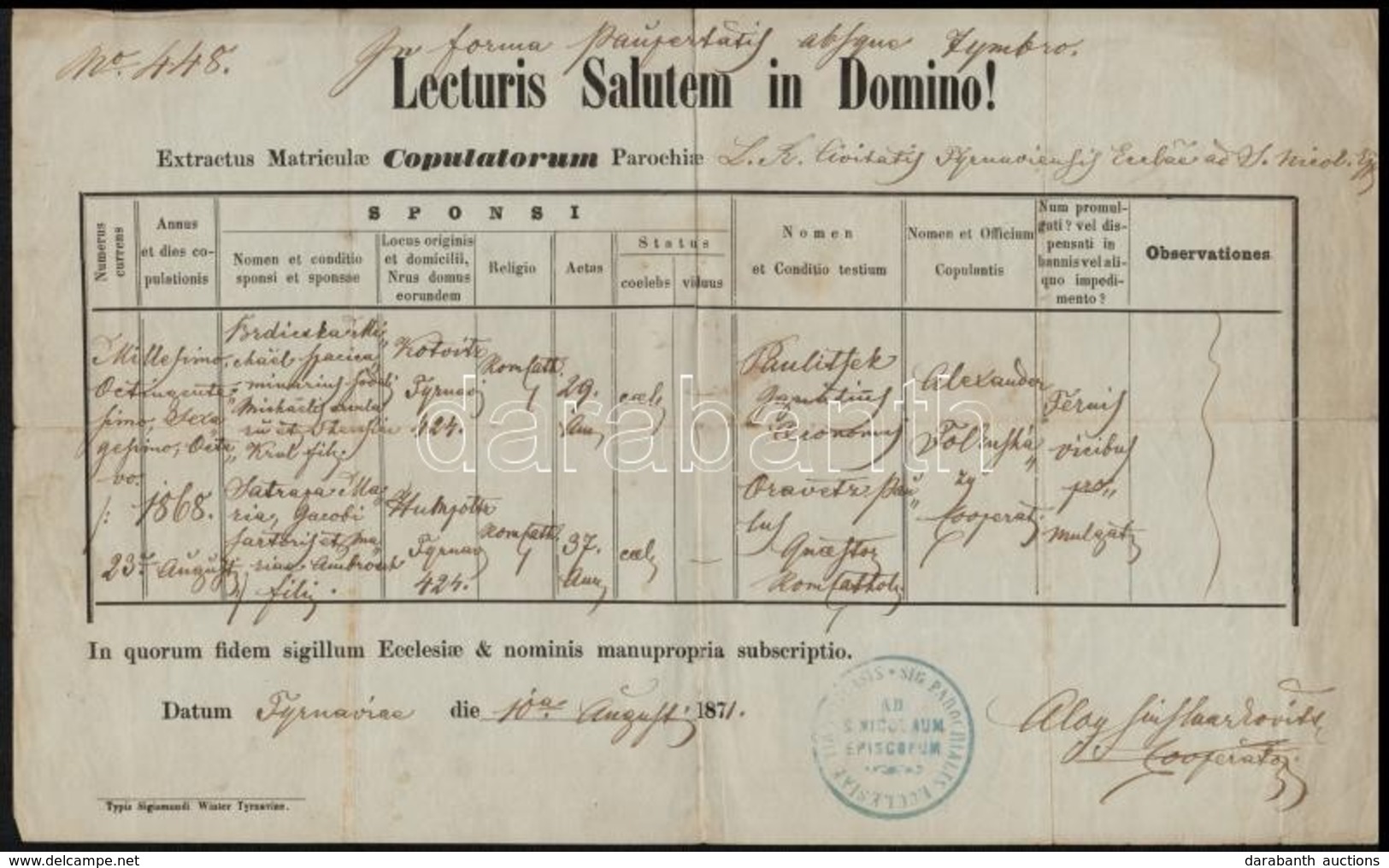 1871 Nagyszombat, Latin Nyelvű Házassági Anyakönyvi Kivonat - Zonder Classificatie