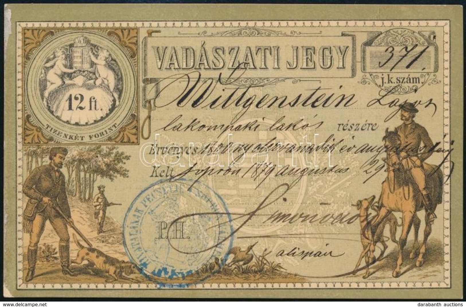 1879 Vadászati Jegy 12Fl  Típ 1. / Hunting Licence - Zonder Classificatie